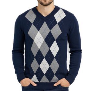 Banana Republic Blue Gray Argyle Cotton Cashmere V-Neck LS Sweater Size M